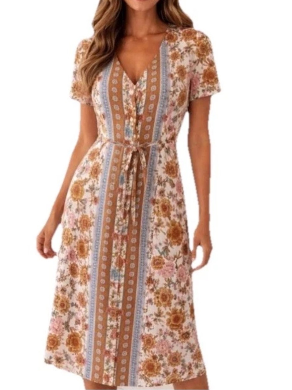 MATILDA JANE WOMENS JUST FOR A MOMENT BOHO FLORAL MIDI DRESS LARGE